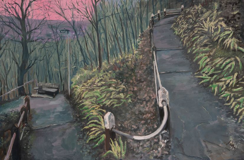 Original oil painting on canvas showing a section of the Zigzag path which leads from Pont Sion Phillip up through Gwaelod y Garth