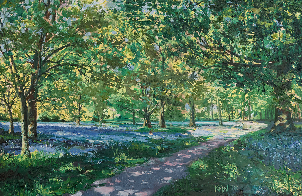 Original oil painting of a spring clearing in Fforest Fawr, Taff's Well