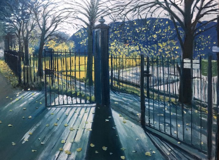 Original oil painting of the still in use old late Victorian park gate posts in Taff's Well