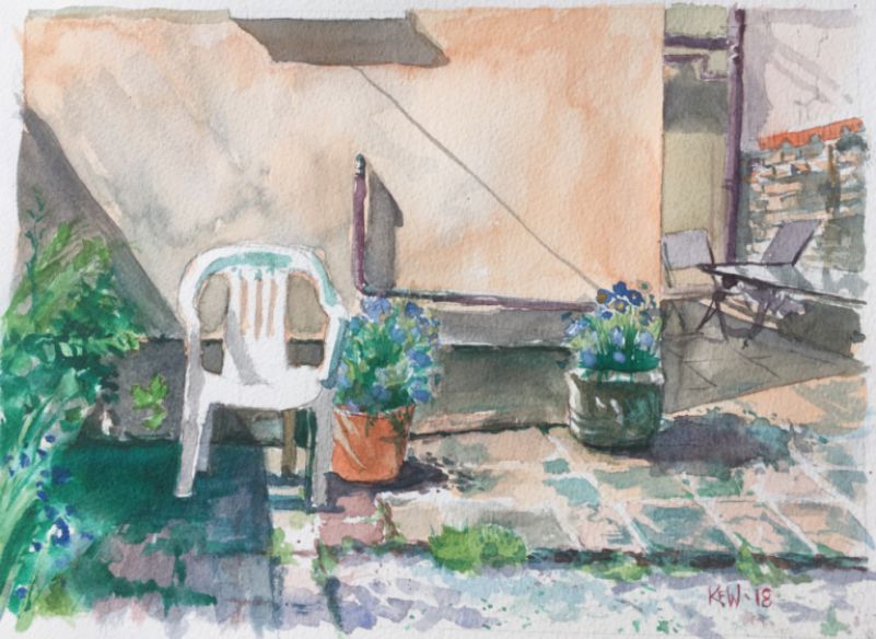 Original Kevin Williams watercolour painting of patio in a Taff's Well garden during the hot summer of 2018