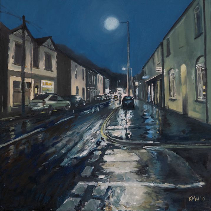 Original oil painting on canvas capturing the corner of Anchor Street in Taff's Well on a winter's night 