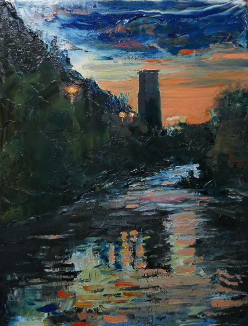 Original oil painting of one the two remaining Walnut Tree Viaduct 'totems' in Taff's Well