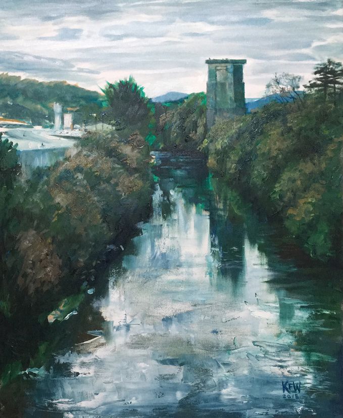 Original Kevin Williams oil painting of one of the remaining two Walnut Tree Viaduct brick columns in Taff's Well