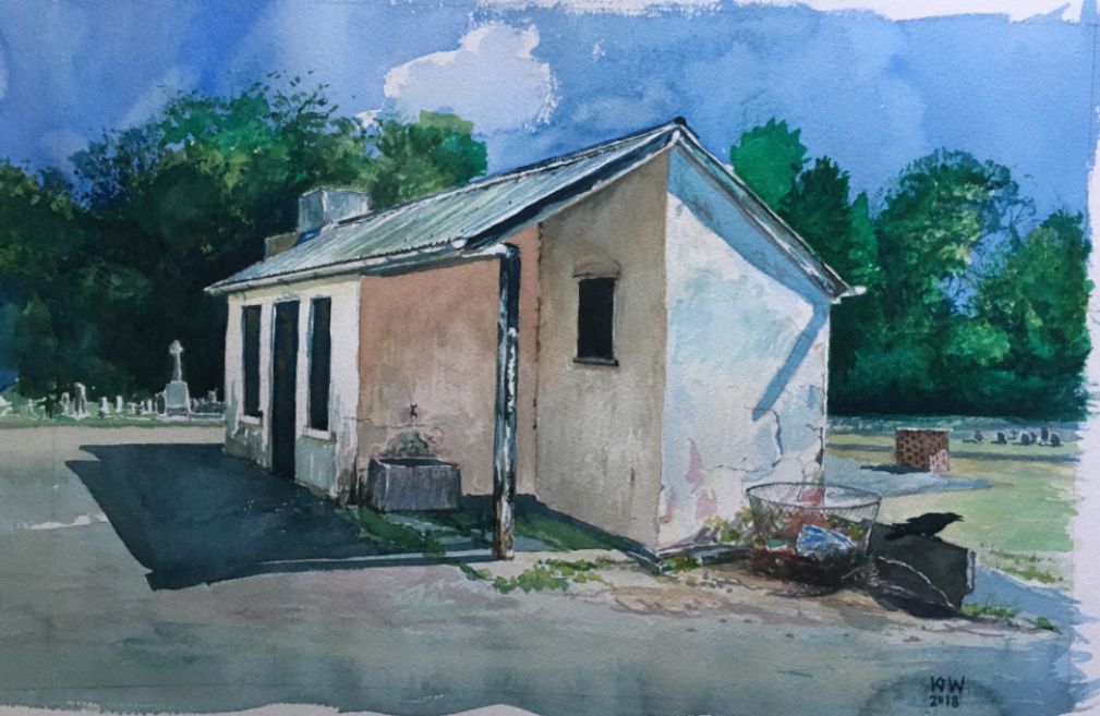 Original Kevin Williams watercolour painting of the water shed in Ty Rhiw Cemetery, Taff's Well